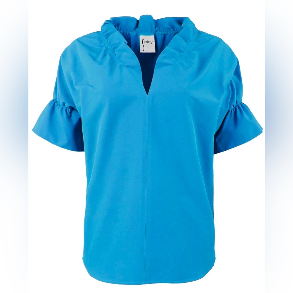 LN WOMENS SMALL MEDIUM (bust 44”) FINLEY CROSBY POPLIN SHIRT RUFFLED TURQUOISE